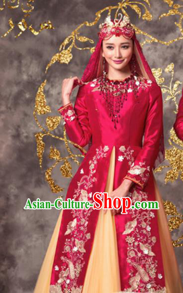 Chinese Ethnic Wedding Costumes Traditional Hui Nationality Bride Red Dress and Headpiece for Women