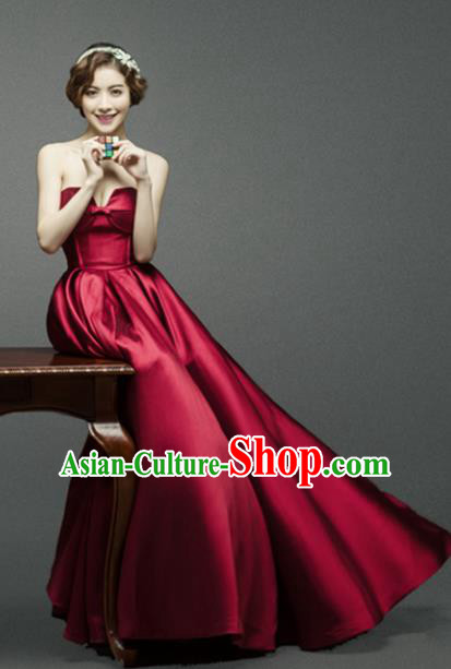 Top Grade Catwalks Costume Wine Red Satin Full Dress for Women