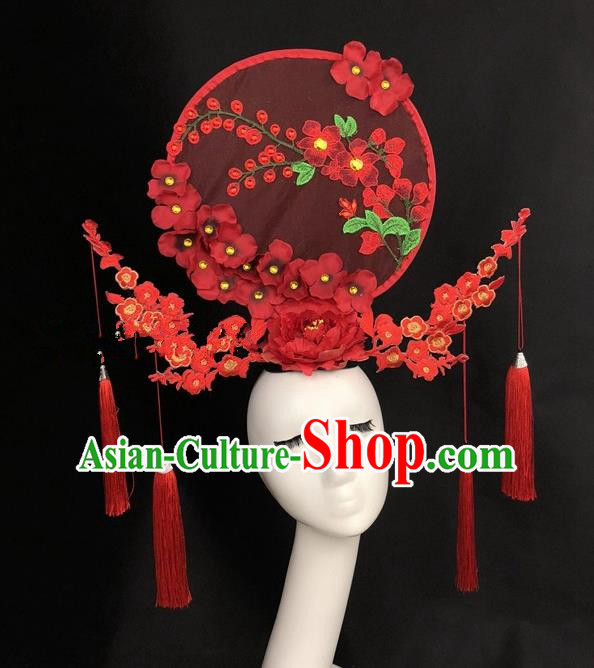 Chinese Traditional Exaggerated Headdress Catwalks Embroidered Red Flowers Hair Accessories for Women