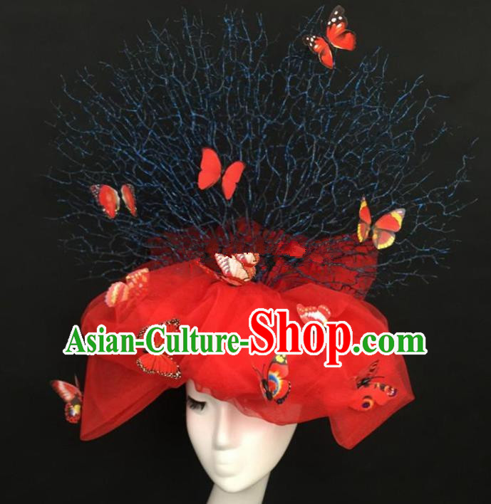 Top Grade Catwalks Hair Accessories Halloween Brazilian Carnival Red Butterfly Veil Headdress for Women