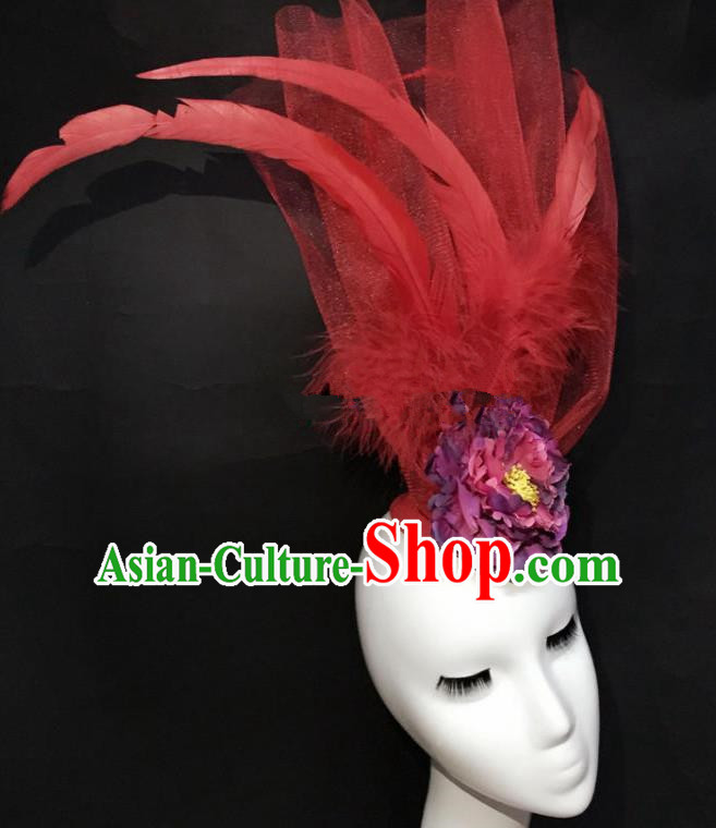Top Grade Catwalks Hair Accessories Halloween Brazilian Carnival Red Feather Headdress for Women