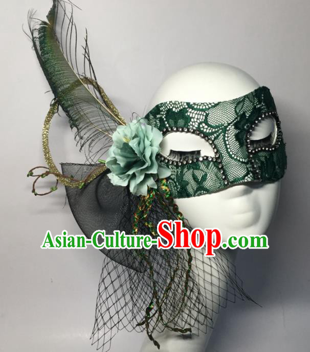 Halloween Exaggerated Accessories Catwalks Green Lace Feather Masks for Women