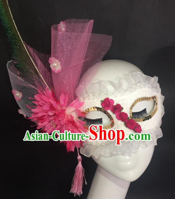 Halloween Exaggerated Accessories Catwalks Pink Veil Peony Masks for Women