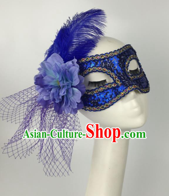 Halloween Exaggerated Accessories Catwalks Blue Feather Sequins Masks for Women
