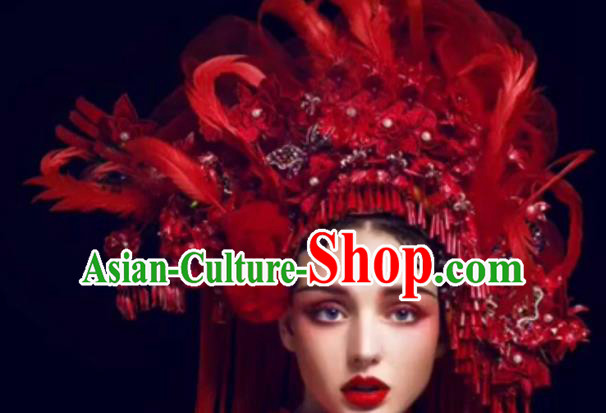 Top Grade Halloween Catwalks Hair Accessories Baroque Bride Red Feather Headwear for Women