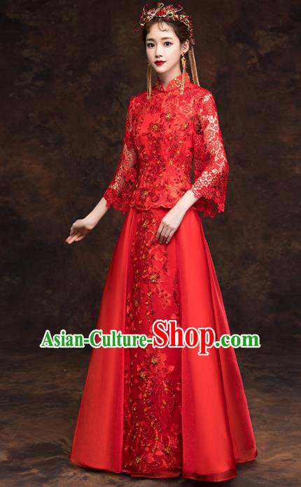 Chinese Traditional Wedding Red Costumes Ancient Bride Embroidered Lace Xiuhe Suits for Women