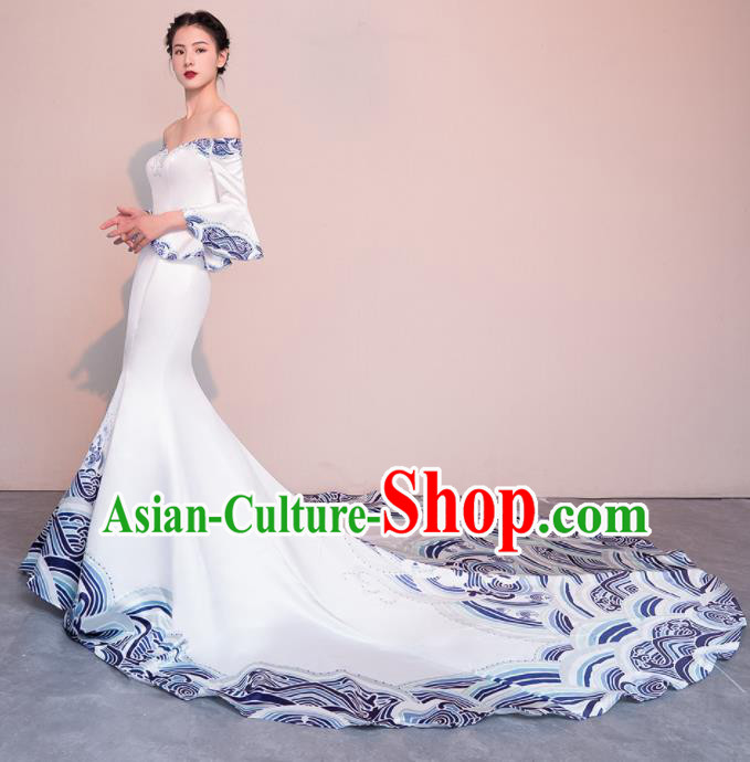 Top Grade Customized Wedding Dress Bride Trailing White Satin Full Dress for Women