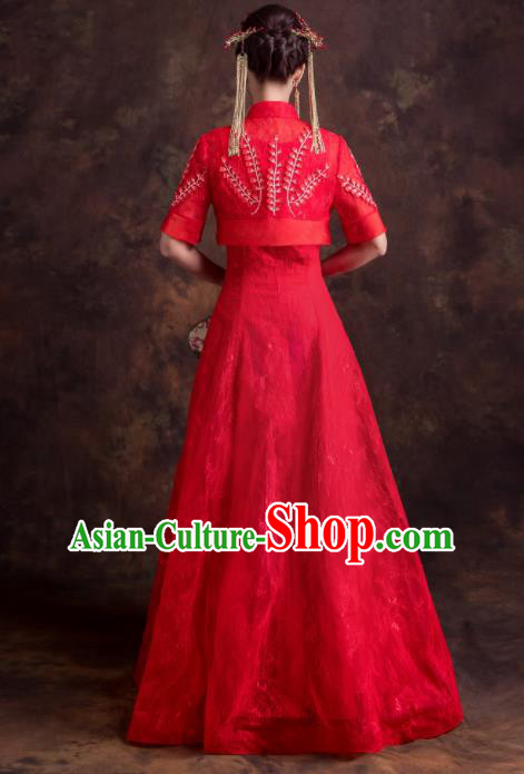 Chinese Traditional Bride Embroidered Xiuhe Suits Ancient Red Wedding Dress for Women