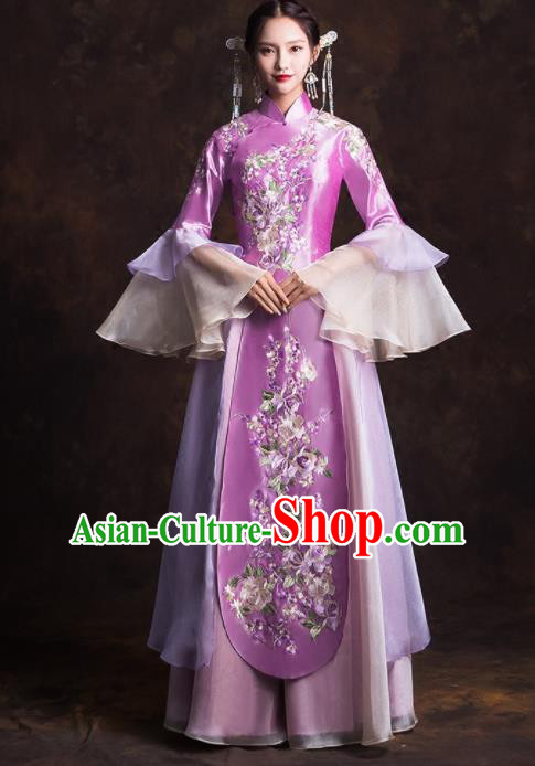 Chinese Traditional Purple Xiuhe Suits Ancient Bride Embroidered Wedding Dress for Women