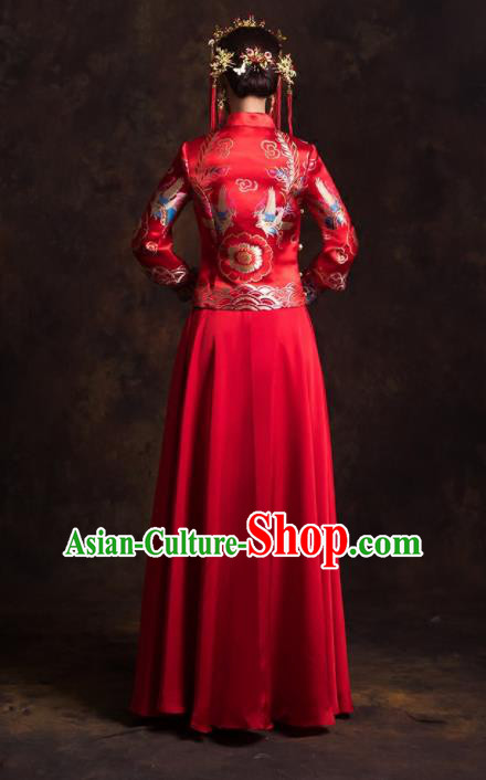 Chinese Traditional Red Satin Xiuhe Suits Ancient Bride Embroidered Wedding Dress for Women