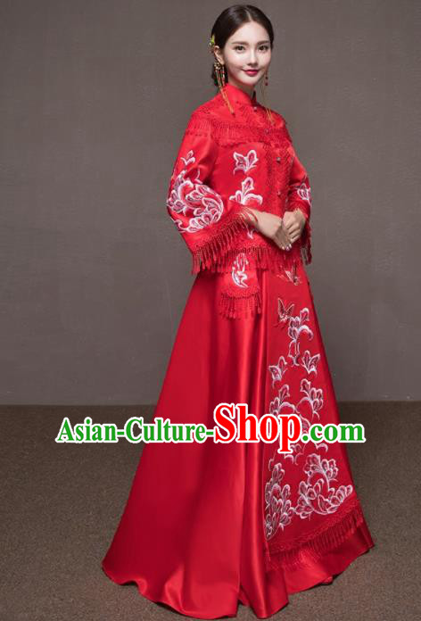 Chinese Traditional Embroidered Wedding Costumes Red Tassel Xiuhe Suits Ancient Bride Dress for Women