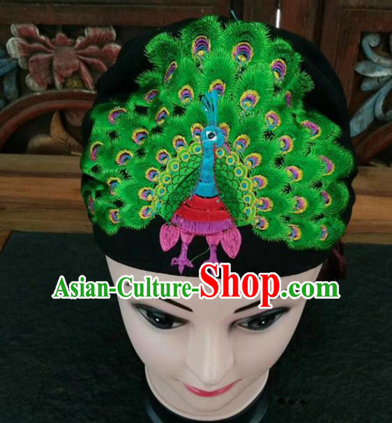 Chinese Traditional National Hat Ethnic Yi Nationality Embroidered Green Peacock Kerchief for Women