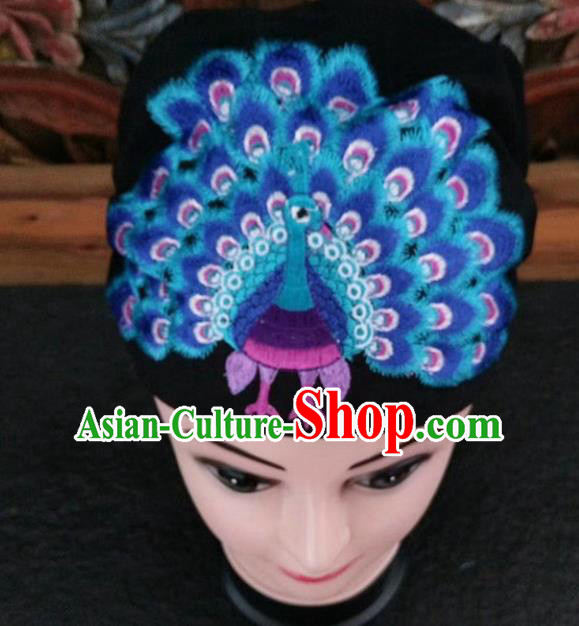 Chinese Traditional National Hat Ethnic Yi Nationality Embroidered Blue Peacock Kerchief for Women