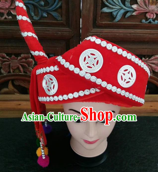 Chinese Traditional National Red Hat Ethnic Yi Nationality Hat for Men