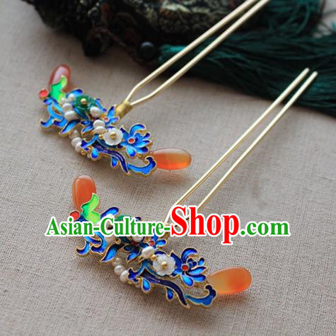 Asian Chinese Traditional Hair Accessories Ancient Hanfu Blueing Hairpins for Women