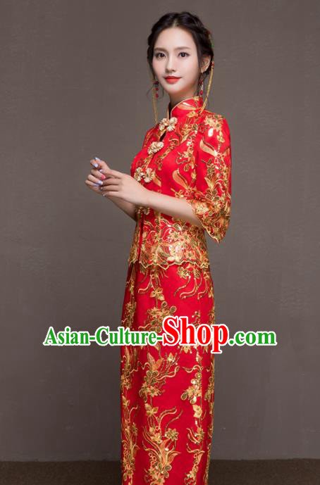 Chinese Traditional Wedding Costumes Ancient Bride Embroidered Red Dress for Women
