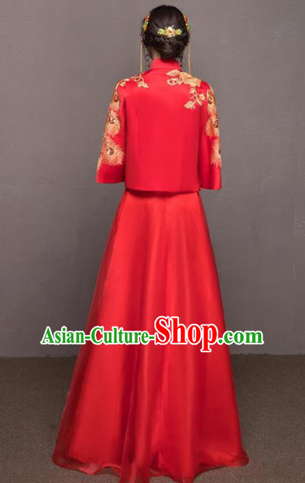 Chinese Traditional Wedding Costumes Ancient Bride Embroidered Peacock Red Xiuhe Suits for Women
