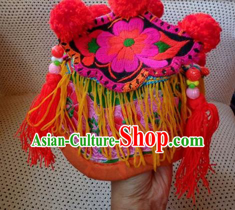 Chinese Traditional National Accessories Ethnic Embroidered Red Hat for Kids