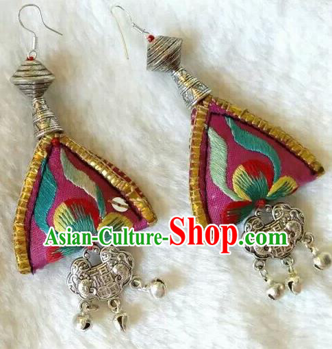 Chinese Traditional National Ear Accessories Ethnic Embroidered Pink Earrings for Women