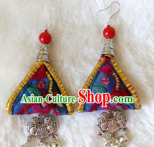 Chinese Traditional National Ear Accessories Ethnic Embroidered Blue Earrings for Women