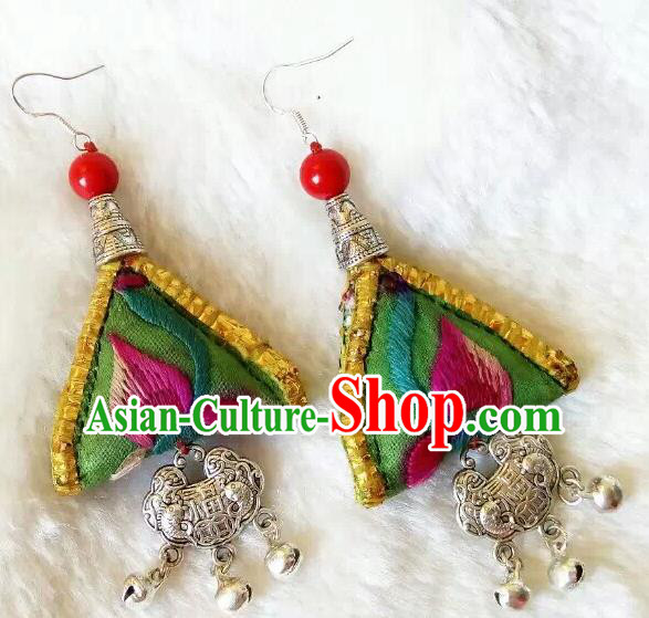 Chinese Traditional National Ear Accessories Ethnic Embroidered Green Earrings for Women