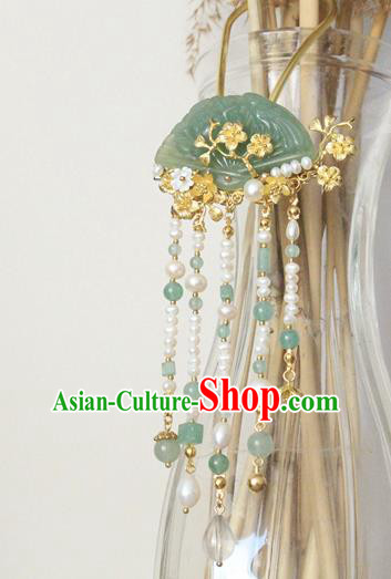 Asian Chinese Traditional Hanfu Pearls Tassel Hair Clip Ancient Palace Jade Hairpins for Women