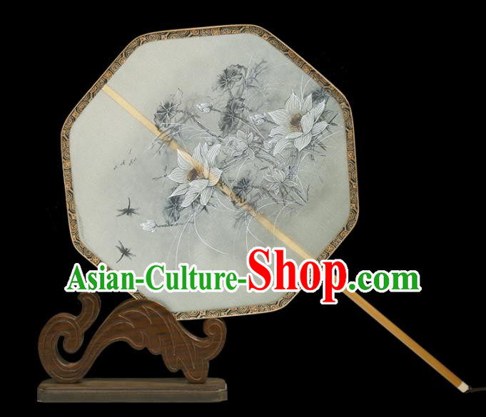 Traditional Chinese Crafts Palace Fans Printing White Lotus Fans Ancient Silk Fan for Women