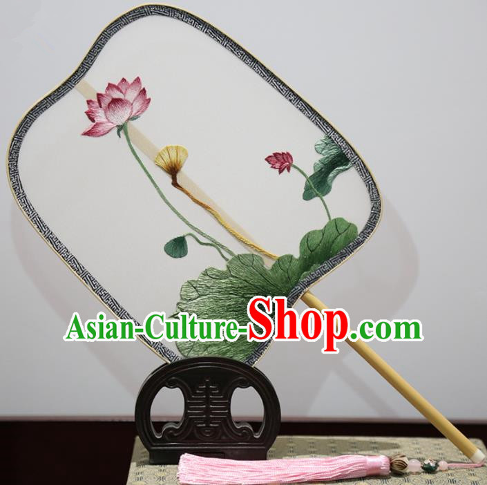 Traditional Chinese Crafts Palace Fans Embroidered Lotus Palm Leaf Fans Ancient Silk Fan for Women