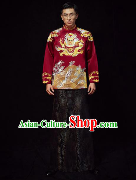 Chinese Traditional Wedding Costumes Ancient Bridegroom Wine Red Long Gown for Men