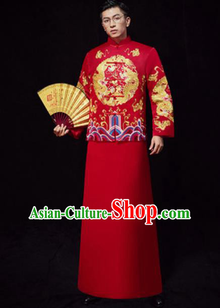 Chinese Traditional Wedding Embroidered Costumes Red Gown Ancient Bridegroom Toast Clothing for Men