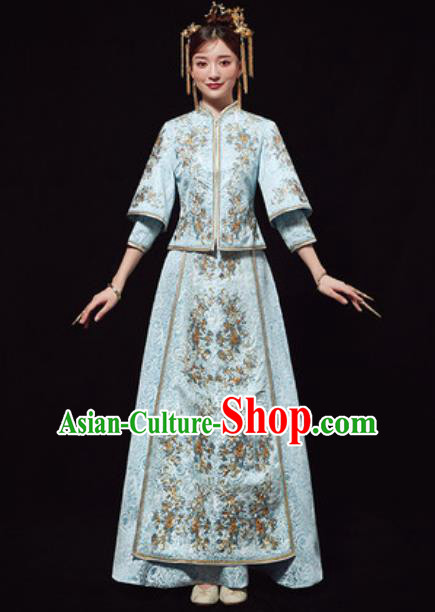 Chinese Traditional Wedding Costumes Blue Xiuhe Suits Ancient Bride Embroidered Dress for Women