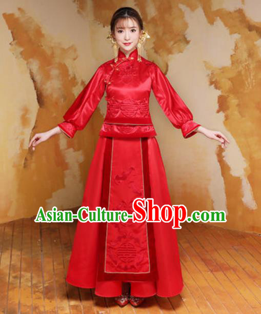 Traditional Chinese Wedding Bride Costumes Ancient Embroidered Red Dress for Women
