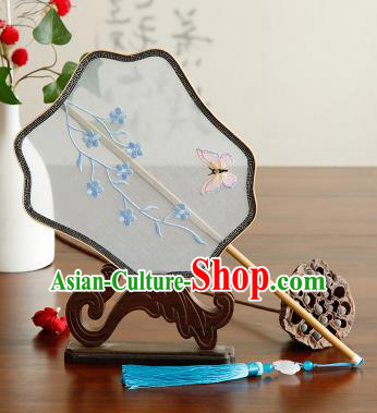 Traditional Chinese Crafts Palace Fans Embroidered Blue Flowers Butterfly Fans Ancient Organza Fan for Women