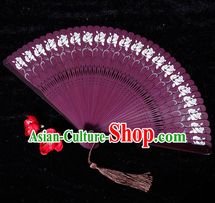 Chinese Traditional Crafts Purple Bamboo Folding Fans Pierced Fans Accordion Fan