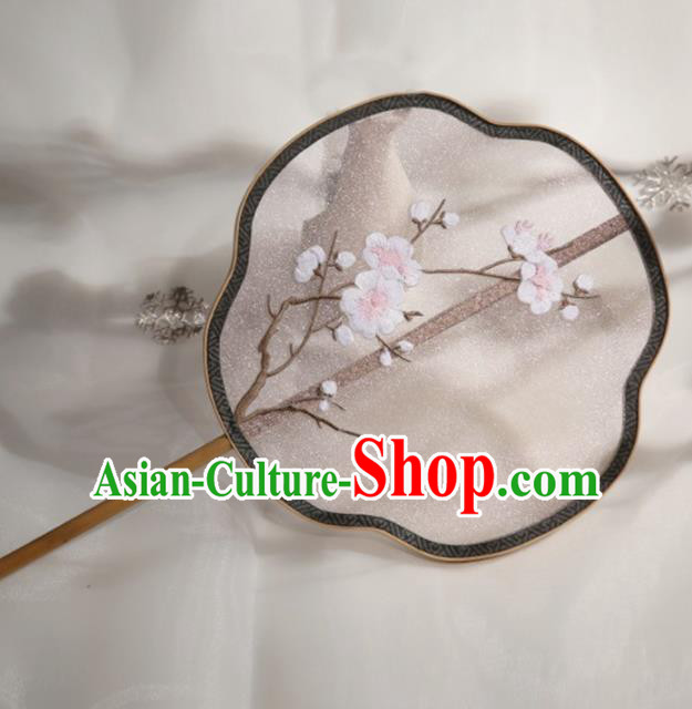 Chinese Traditional Palace Fans Hanfu Embroidered White Wintersweet Round Fans Ancient Silk Fan for Women