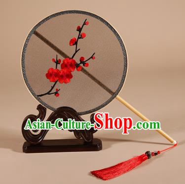 Chinese Traditional Palace Fans Hanfu Embroidered Red Plum Blossom Round Fans Ancient Silk Fan for Women