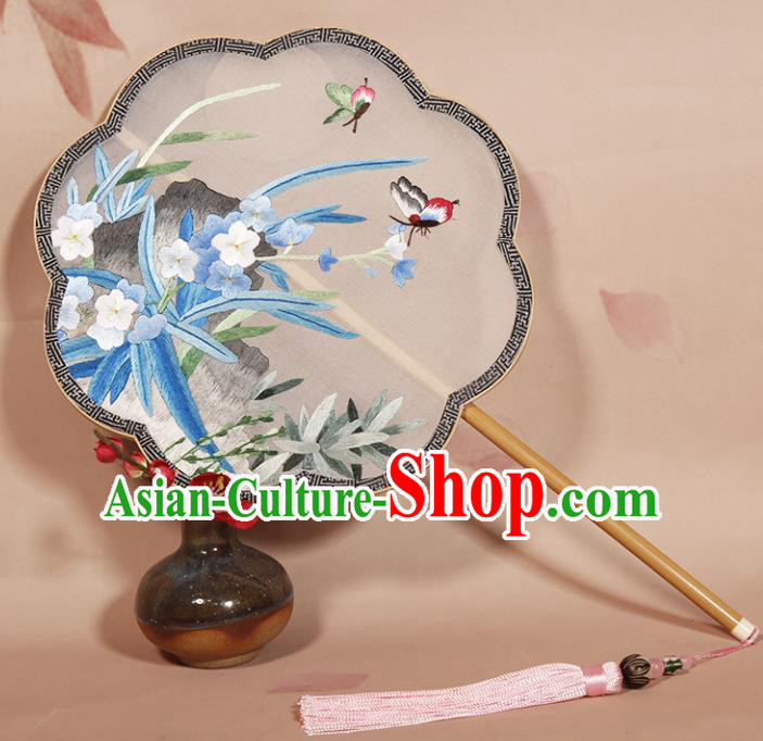 Chinese Ancient Princess Round Fan Traditional Embroidered Orchid Palace Fans Hanfu Silk Fans for Women