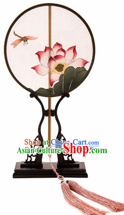Chinese Ancient Princess Hanfu Palace Fan Traditional Embroidered Lotus Pure Silk Round Fans for Women