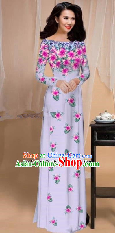 Asian Vietnam Traditional Printing Flowers Light Purple Cheongsam Vietnamese Classical Ao Dai Qipao Dress for Women