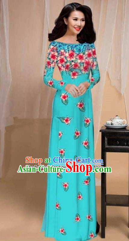 Asian Vietnam Traditional Printing Flowers Green Cheongsam Vietnamese Classical Ao Dai Qipao Dress for Women