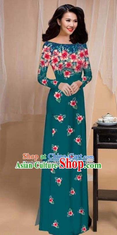 Asian Vietnam Traditional Printing Flowers Atrovirens Cheongsam Vietnamese Classical Ao Dai Qipao Dress for Women