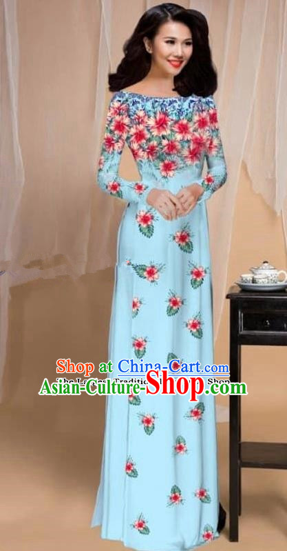 Asian Vietnam Traditional Printing Flowers Blue Cheongsam Vietnamese Classical Ao Dai Qipao Dress for Women