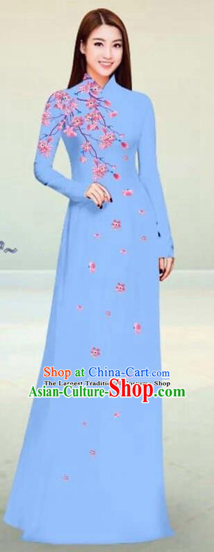 Asian Vietnam Traditional Blue Cheongsam Vietnamese Classical Ao Dai Qipao Dress for Women