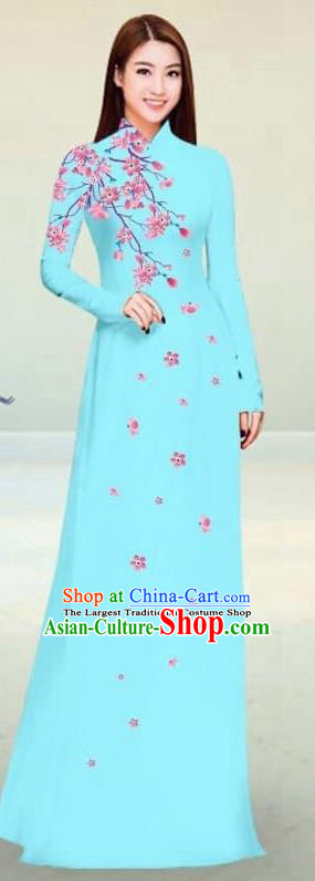 Asian Vietnam Traditional Lake Blue Cheongsam Vietnamese Classical Ao Dai Qipao Dress for Women
