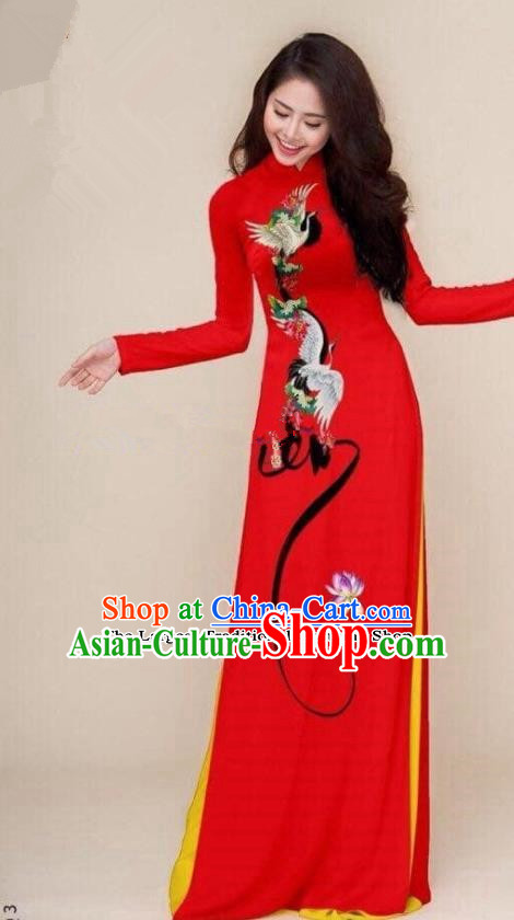 Asian Vietnam Traditional Printing Cranes Red Cheongsam Vietnamese Classical Ao Dai Qipao Dress for Women