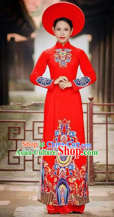Asian Vietnam Traditional Bride Red Cheongsam Vietnamese Classical Ao Dai Qipao Dress for Women
