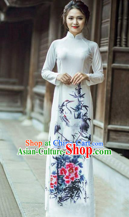 Asian Vietnam Traditional Printing Peony Cheongsam Vietnamese Classical Ao Dai Qipao Dress for Women