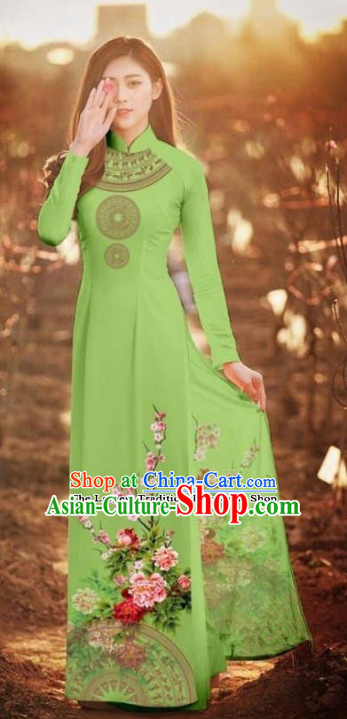 Asian Vietnam Traditional Printing Peony Green Cheongsam Vietnamese Classical Ao Dai Qipao Dress for Women