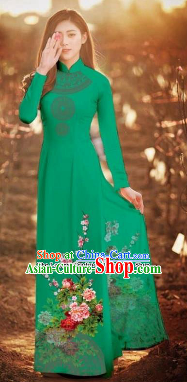 Asian Vietnam Traditional Printing Peony Deep Green Cheongsam Vietnamese Classical Ao Dai Qipao Dress for Women