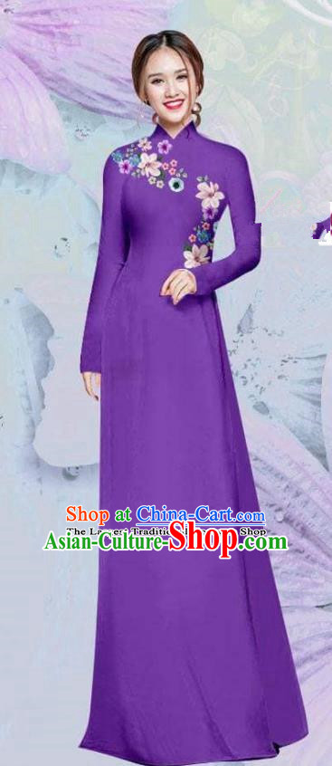 Asian Vietnam Traditional Cheongsam Vietnamese Classical Purple Ao Dai Qipao Dress for Women